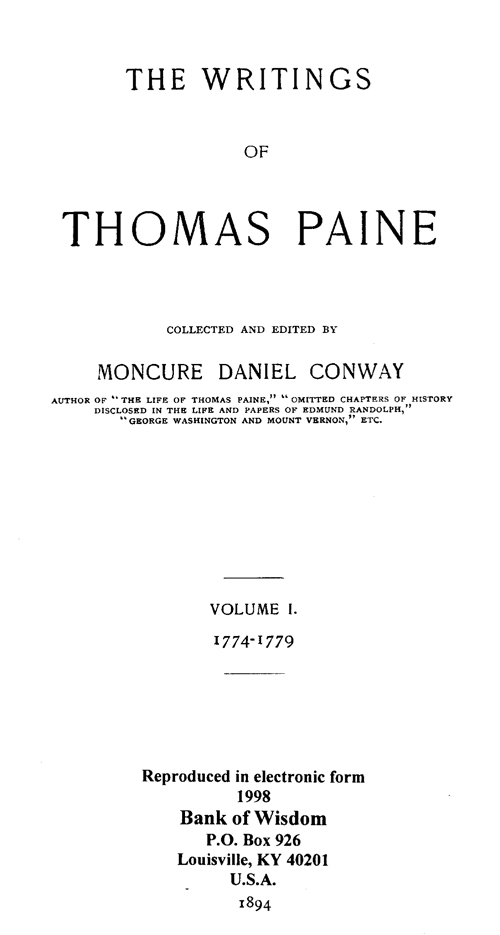(image for) The Writings of Thomas Paine, Vol. 1 of 4 Vols.